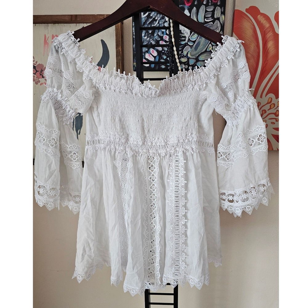 Charo Ruiz Ibiza White Lace Off Shoulder Bell Sleeve Boho Peasant Top Large
